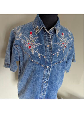 Vtg Thums Up Blues Acid Wash Denim Bejeweled Shacket M 90s